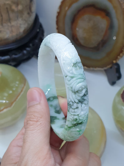 Carved Jade Floral Bangle S58.5 Type A Burma Jadeite Natural Moss in Snow