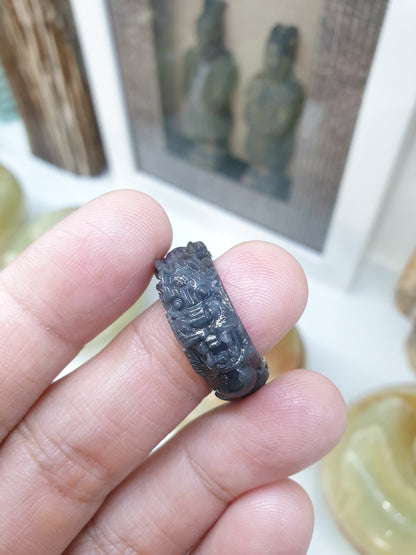 Type A Natural Black Jadeite Carved Dragon Ring - US Size 7.5