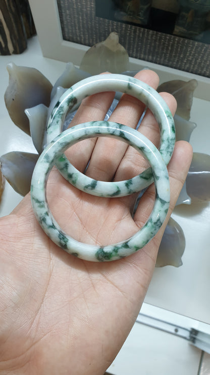Paired Marbled Green Jade Bangles S57.5 Type A Natural Burma Jadeite