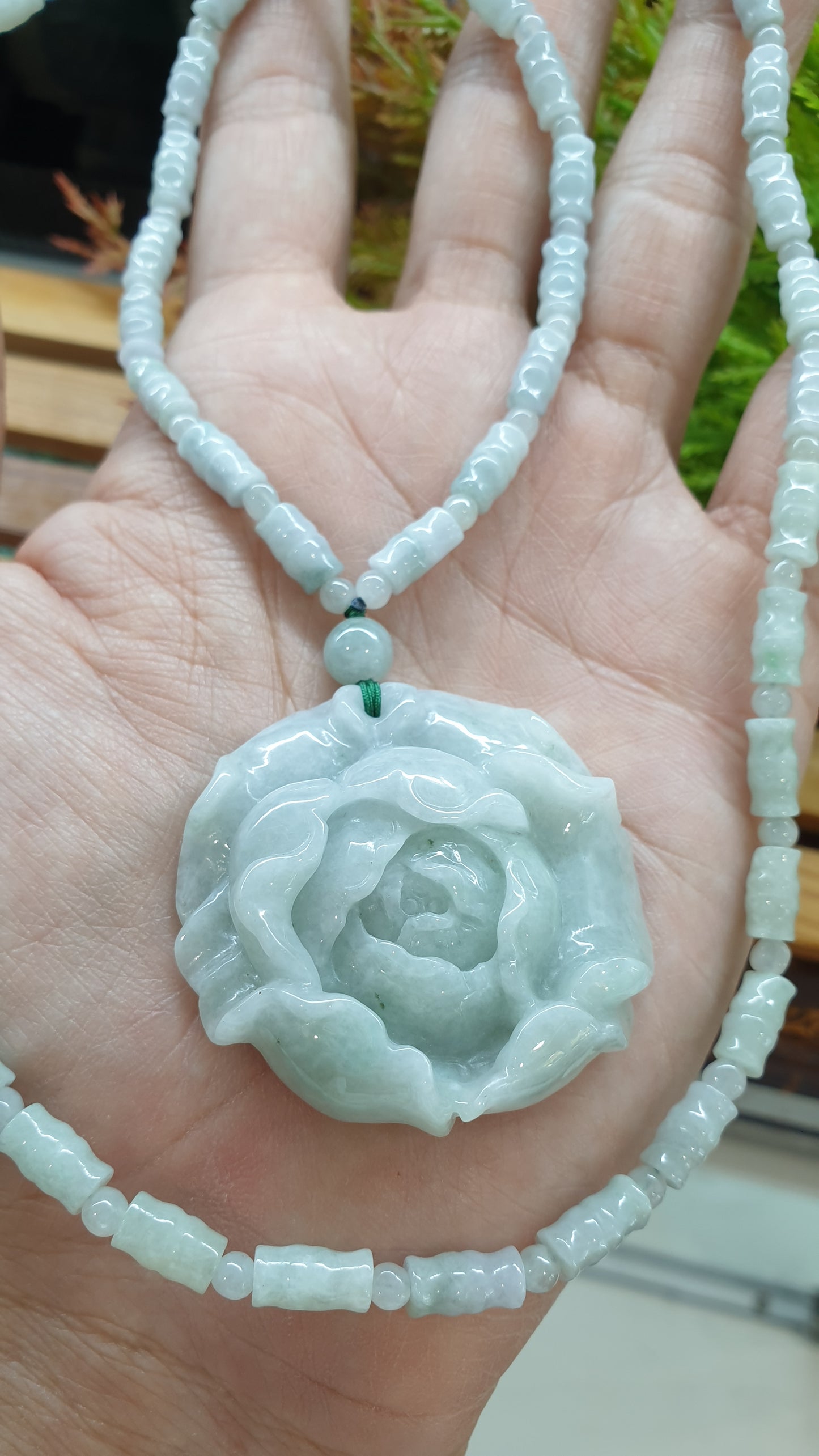 Peony and Bamboo Beads White Jade Necklace 26inch Type A Myanmar Jadeite