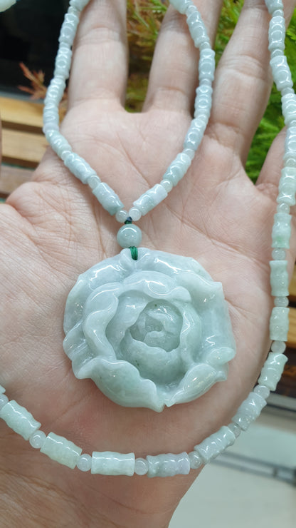 Peony and Bamboo Beads White Jade Necklace 26inch Type A Myanmar Jadeite