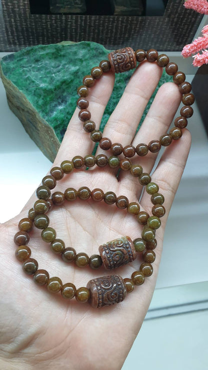 Brown Jade Wish Fulfilling Bracelet 17cm Ru Yi Cylinder Charm Natural Jadeite Vintage Beads
