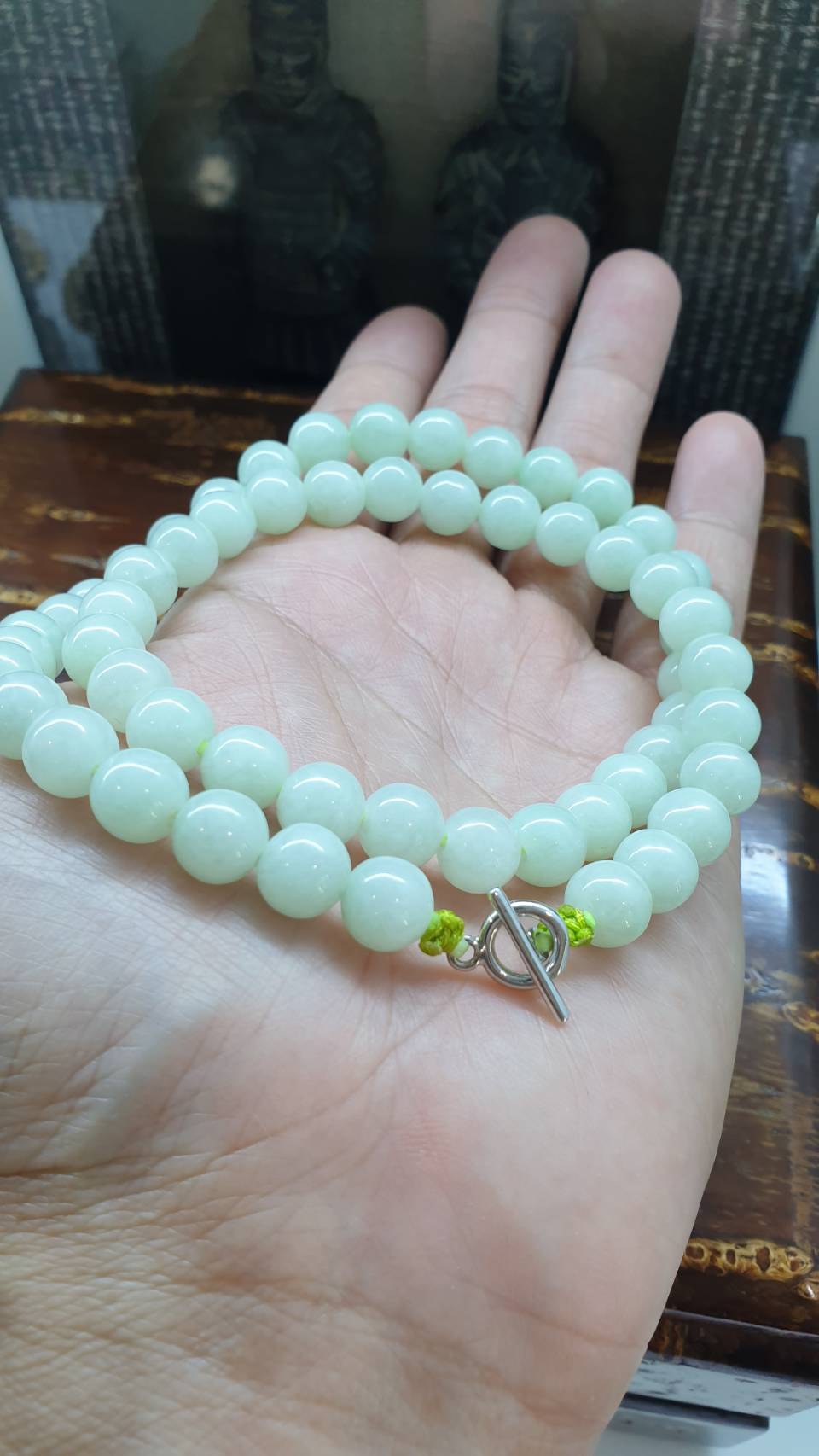 Mint Green Jade Beads Necklace (20") | 9K White Gold Toggle | Type A Natural Jadeite