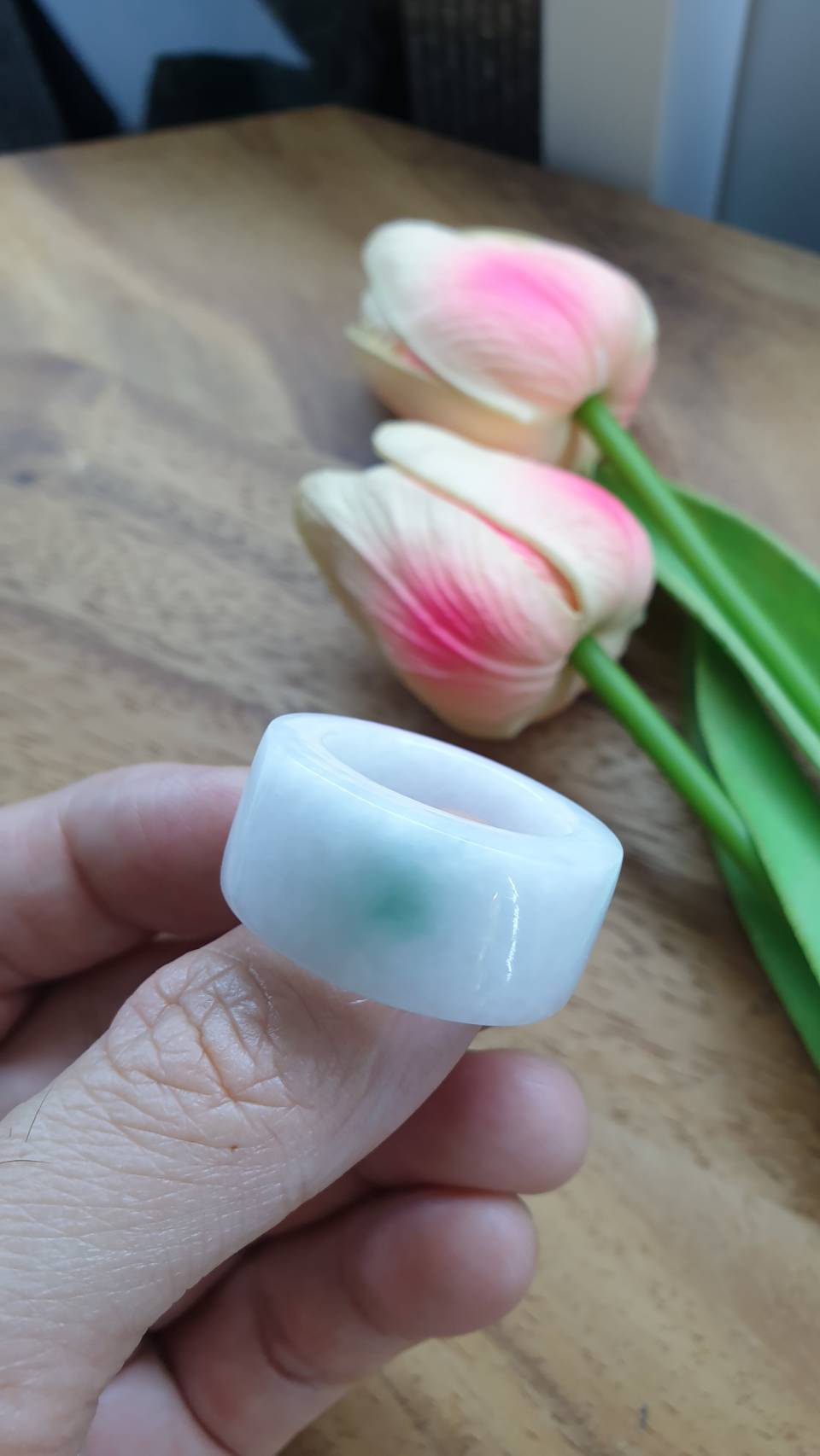 White Jade Archers Ring 11.25US  Type A Myanmar Jadeite Natural Floating Green