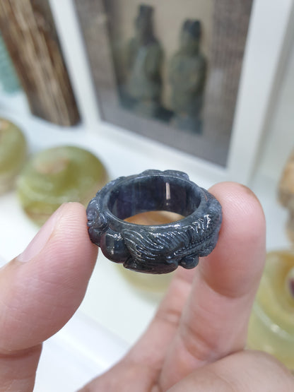Type A Natural Black Jadeite Carved Dragon Ring - US Size 7.5