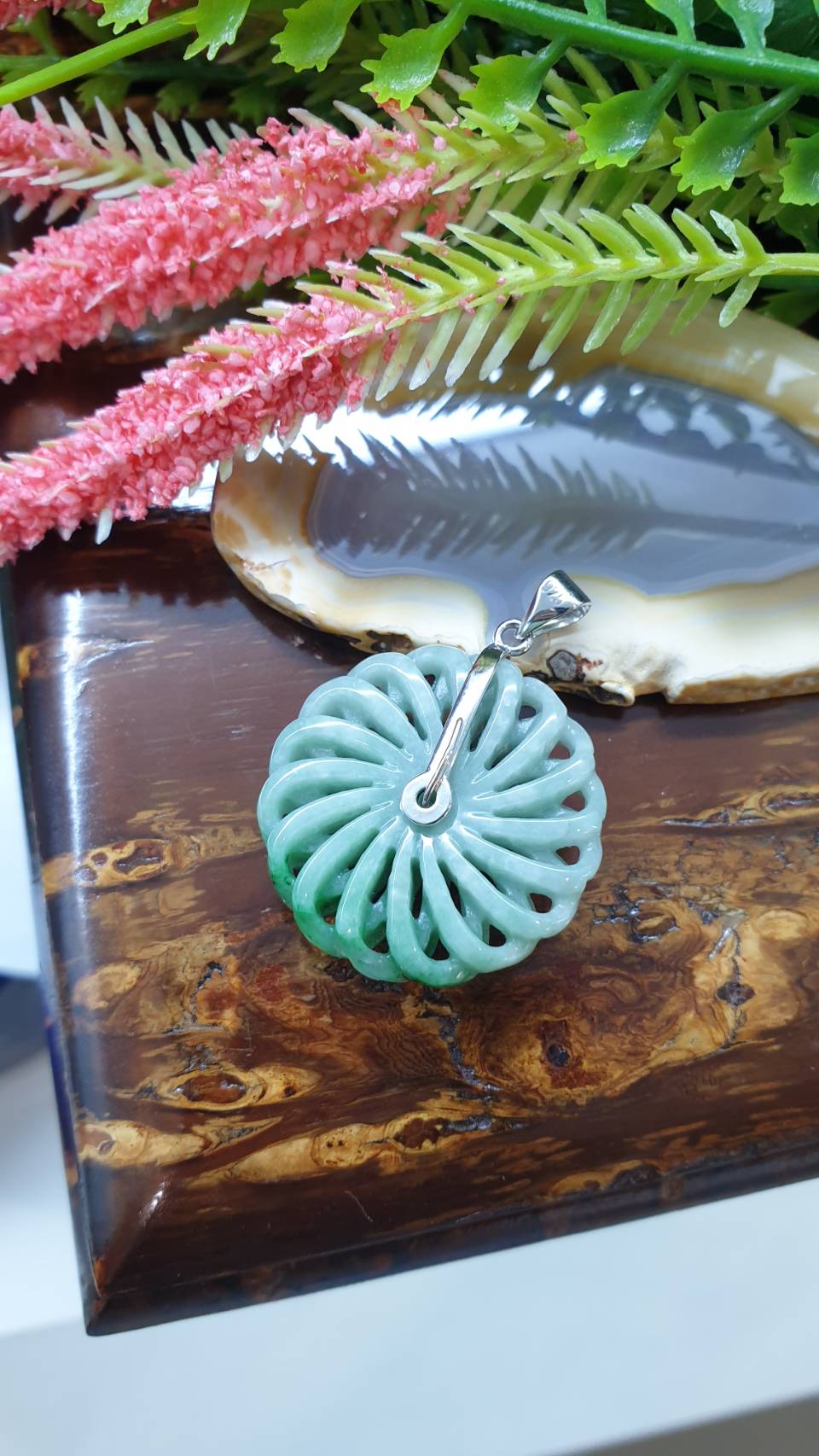Jade Ventilator Sterling Silver Pendant Type A Green Jadeite Natural Two Tone