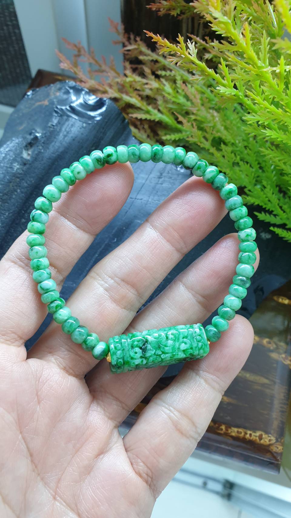 Green Jade Ru Yi Cylinder Bracelet 17cm Fei Cui Type A Jadeite Abacus Beads and Charm