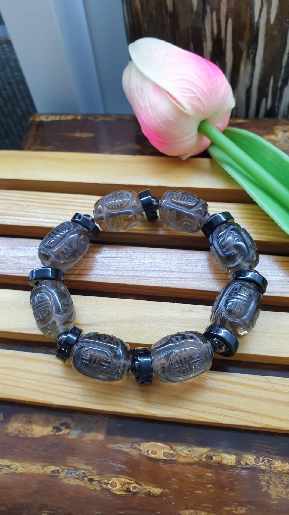 Smoky Quartz Wealth Bracelet with Black Onyx Rings, 16 cm. Natural Gemstone Etched Beads