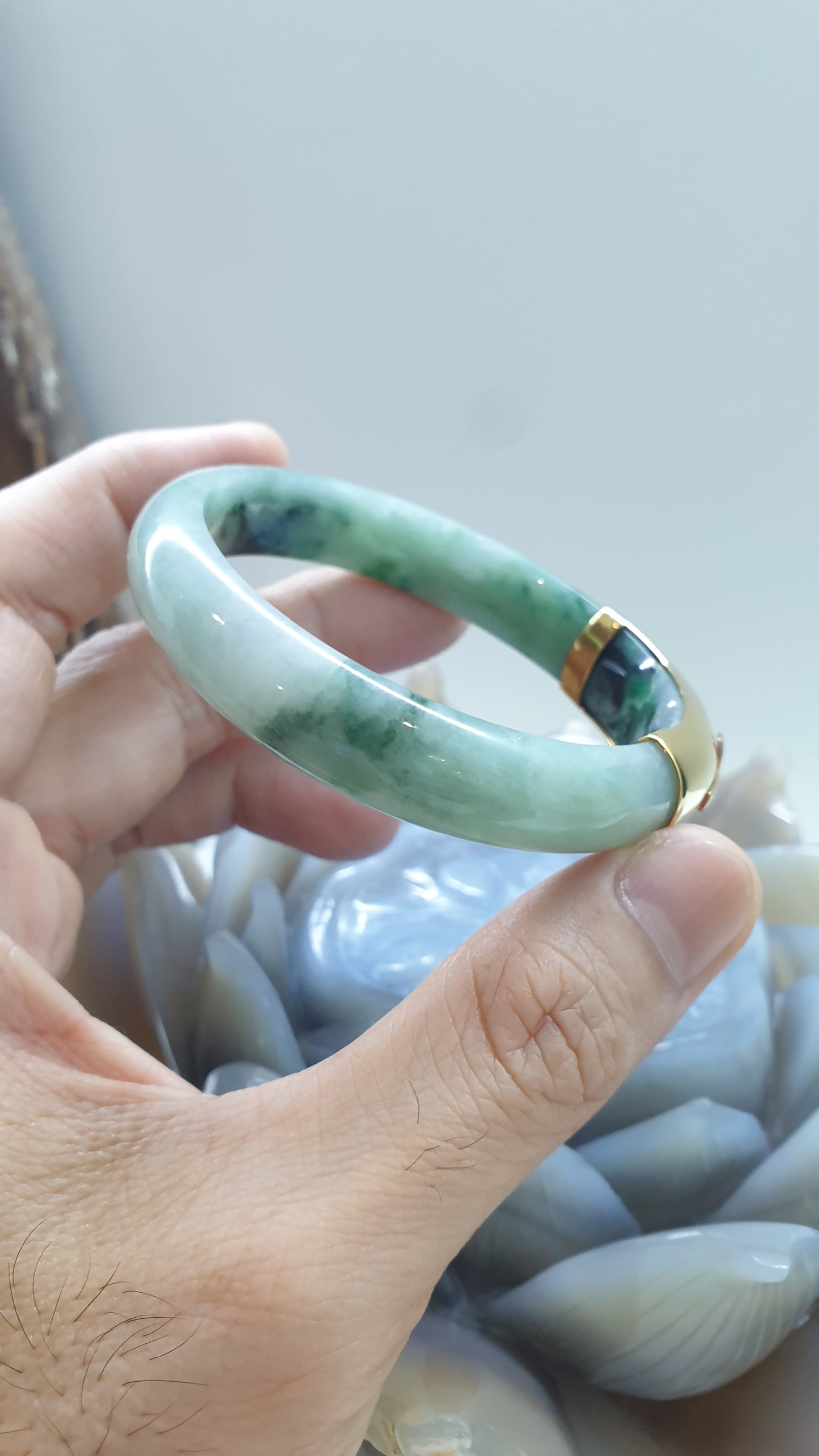Jade Bangle with Solid 14K Gold Cross S58 Type A Natural Jadeite