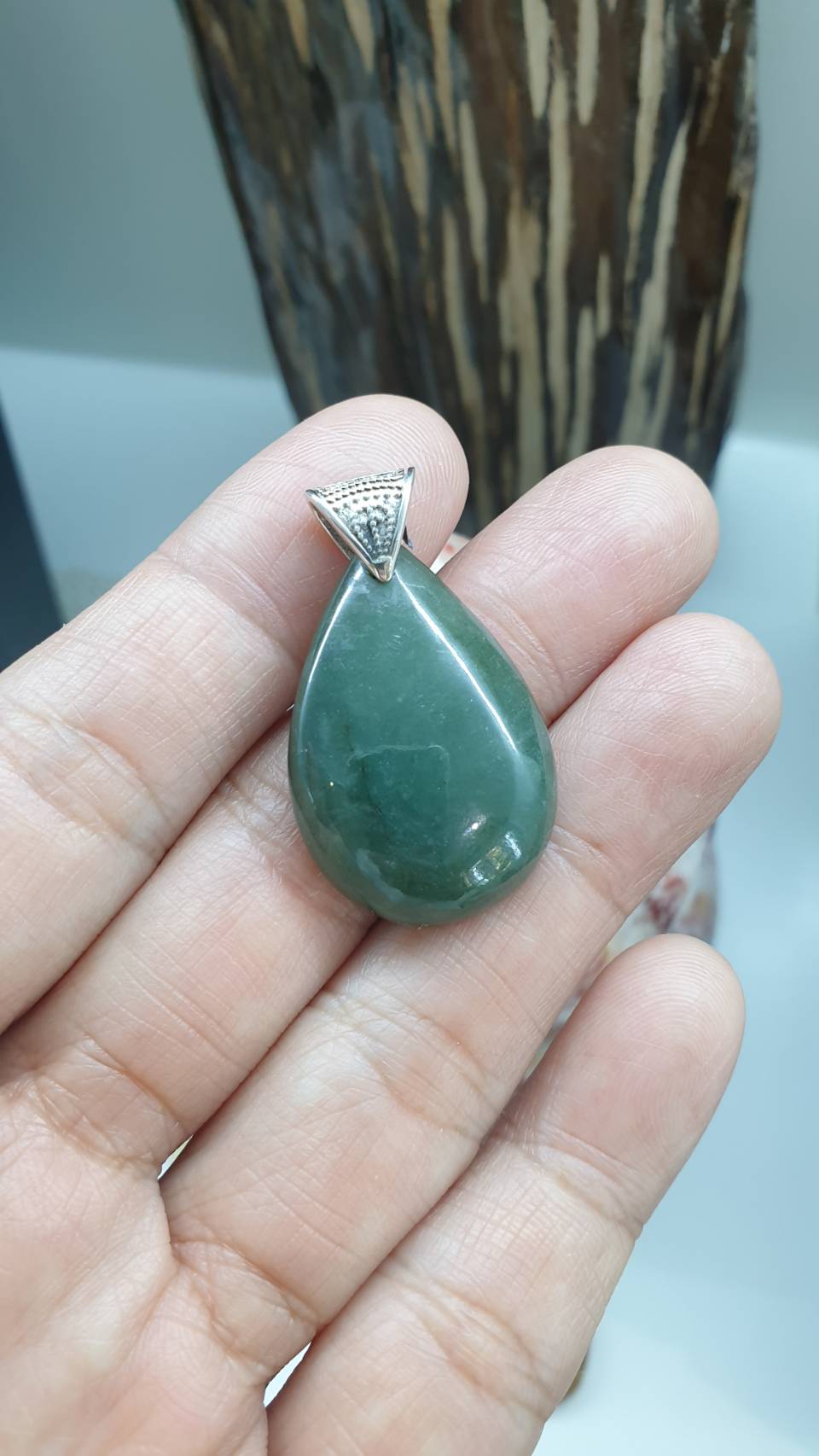 Green Jade Drop Pendant | Fei Cui - Type A Jadeite | Sterling Silver Bail