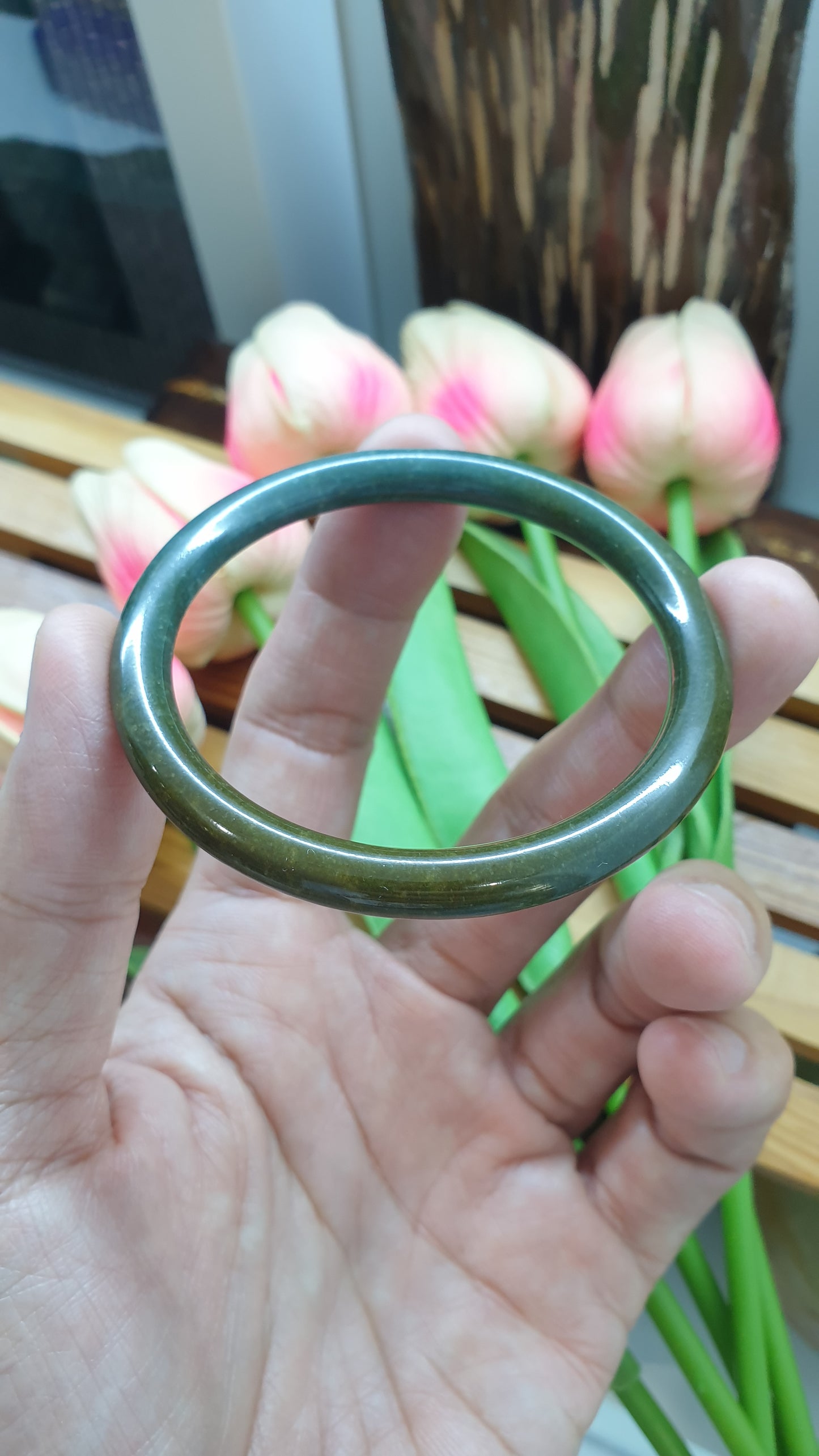 Honey Blue Jade Cylindrical Slim Bangle S54 Type A Natural Jadeite TwoTone