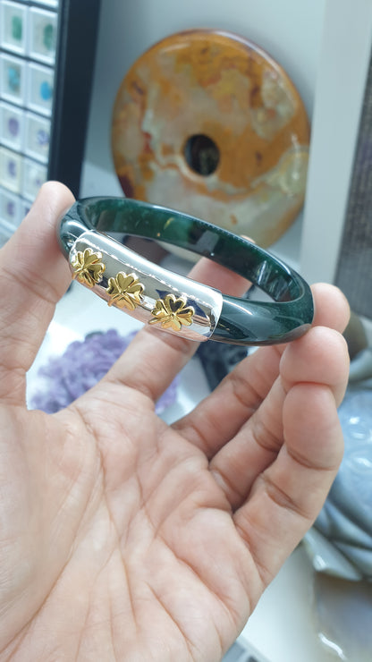 Trèfles Chanceux on Blue Jade Bangle (S 58) | Solid 9K Gold, Fei Cui Original Jadeite | Elegant Fortune Charm Wrist Candy