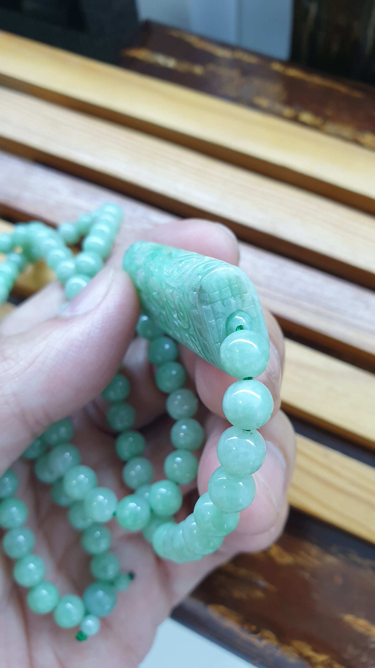 Jade Necklace 24inch with Floral Cylinder Type A Jadeite Natural Pastel Green