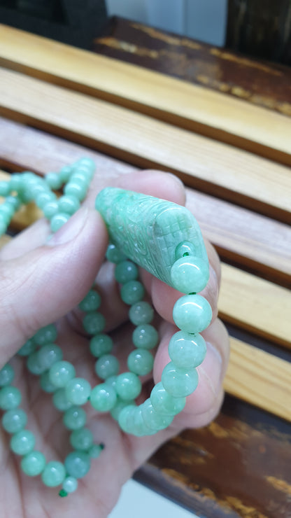 Jade Necklace 24inch with Floral Cylinder Type A Jadeite Natural Pastel Green