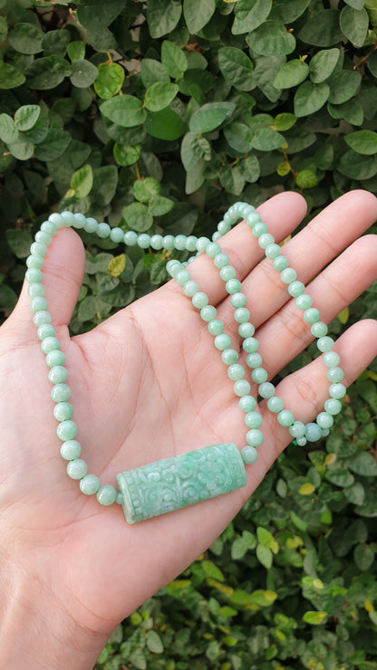 Jade Necklace 24inch with Floral Cylinder Type A Jadeite Natural Pastel Green