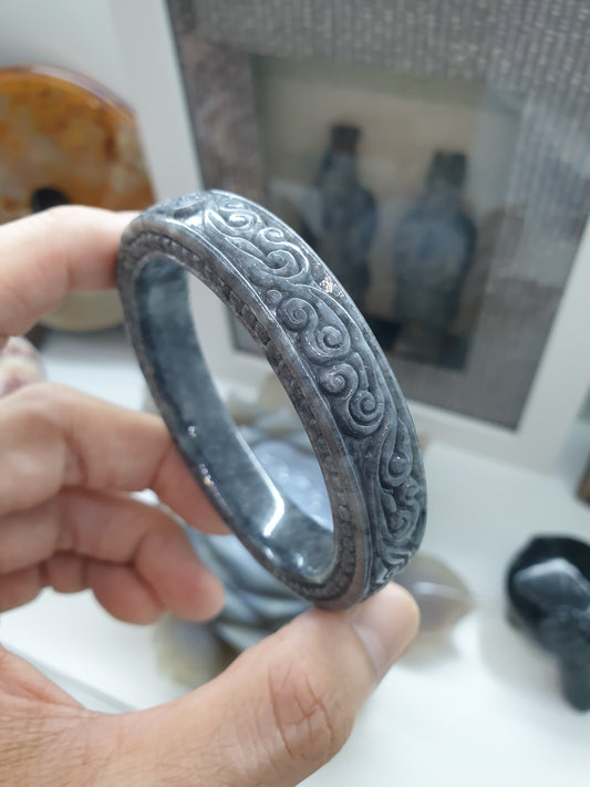 Elegant Gray Jade Ru Yi Bangle (Size 58) | Type A Natural Jadeite | Fortune Wrist Accessory
