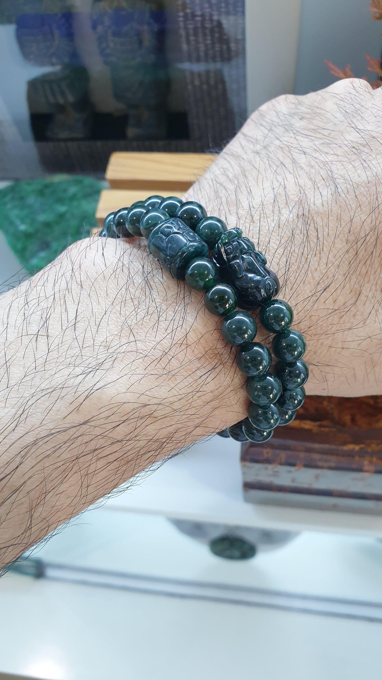 Blue Jade Stack Bracelets 17cm Pixiu and Ru Yi Luckycharms Type A Natural Jadeite