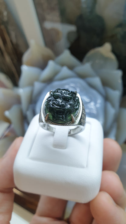 Black Jade Dragon on Sterling Silver Ring (Sizes 8 & 8.5 US) | Authentic Type A Jade | His or Hers Power Ring