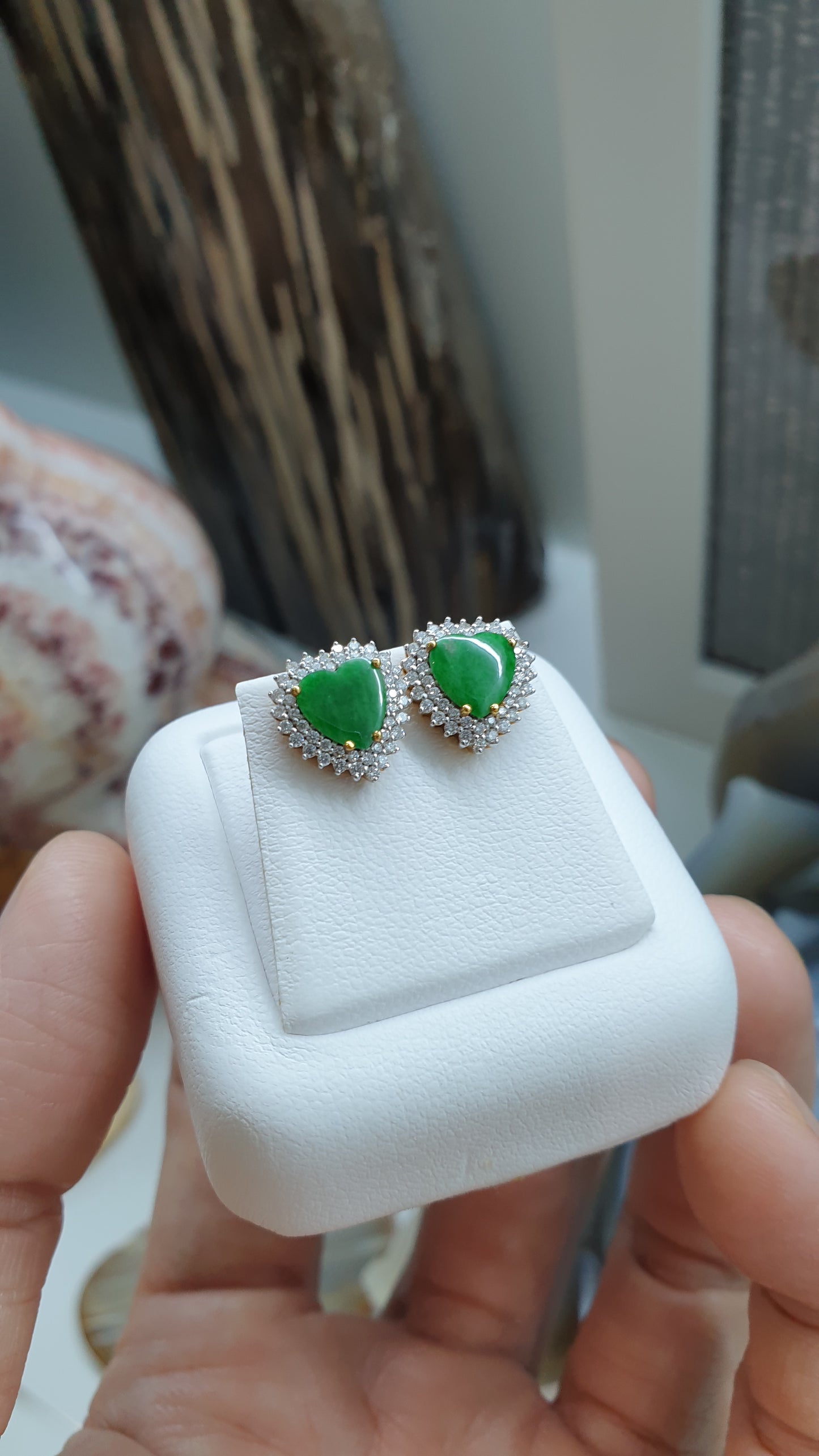 Jade & Diamond Heart Earrings | 18K Gold Studs | Fei Cui Type A Natural Jadeite