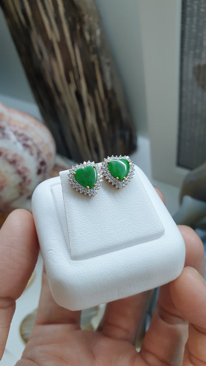 Jade & Diamond Heart Earrings | 18K Gold Studs | Fei Cui Type A Natural Jadeite
