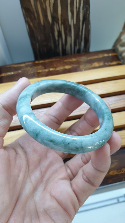 Jade Bangle S54 Type A Myanmar Natural Jadeite Marbled Bluish Green