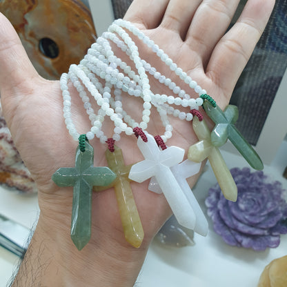 Jade Cross on White Jade beaded Necklace (18") | Fei Cui Type A Jadeite