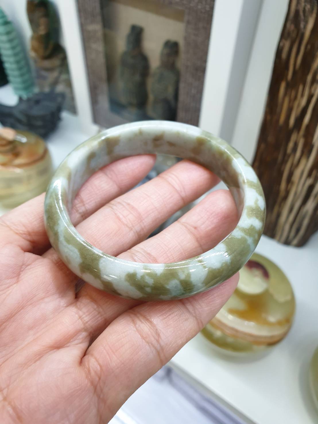 Honey Green Marbled Jade Bangle S58.5 Fei Cui Type A Myanmar Jadeite
