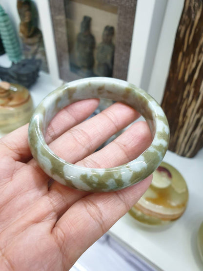 Honey Green Marbled Jade Bangle S58.5 Fei Cui Type A Myanmar Jadeite