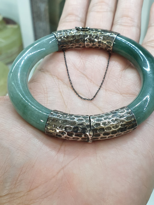 Green Jade Split Bangle, Cylindrical (S 61) | Sterling Silver | Authentic Fei Cui Jade | Elegant Wrist Accessory for Him or Her