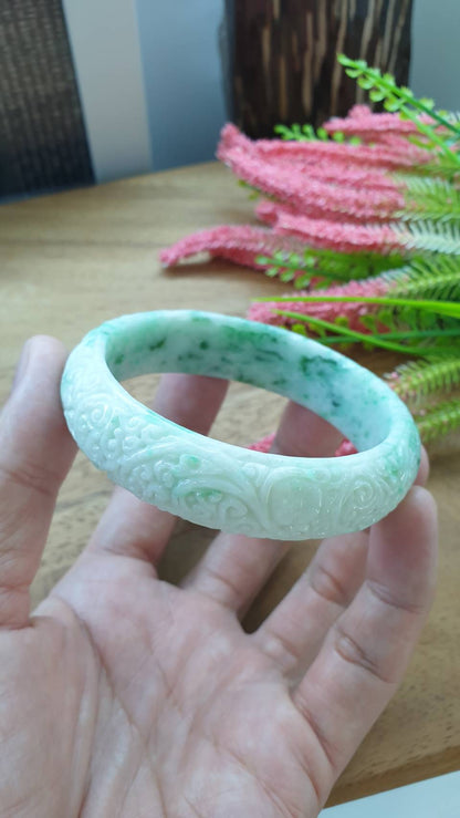 Carved Moss in Snow Jade Ru Yi Bangle S59 Type A Myanmar Jadeite Floral