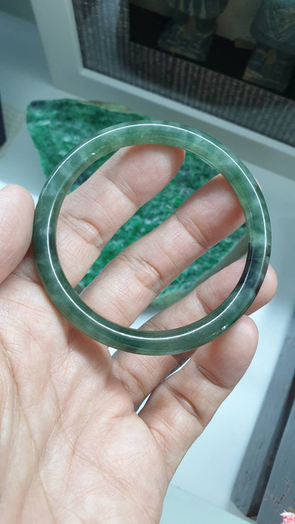 Cylindrical Jade Bangle S55 Slim Translucent Green Type A Myanmar Natural Jadeite
