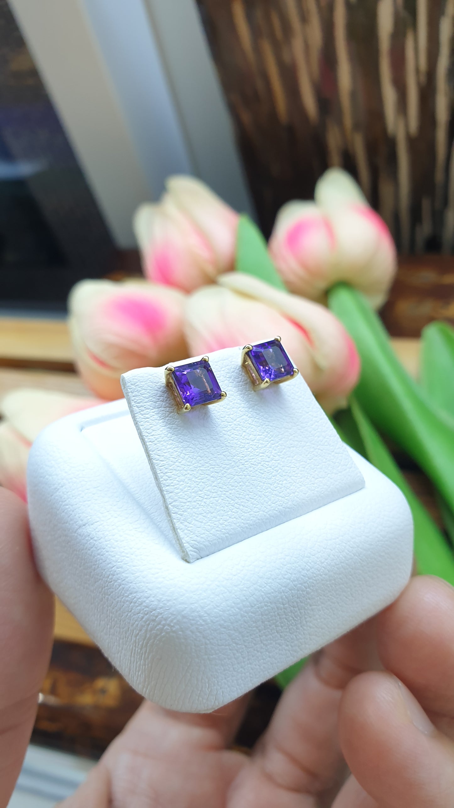 14K Gold Amethyst Princess Stud Earrings Natural Gemstones and Solid Gold