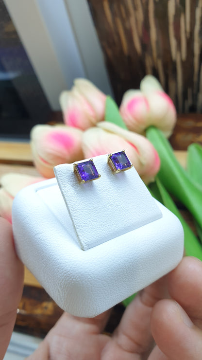 14K Gold Amethyst Princess Stud Earrings Natural Gemstones and Solid Gold