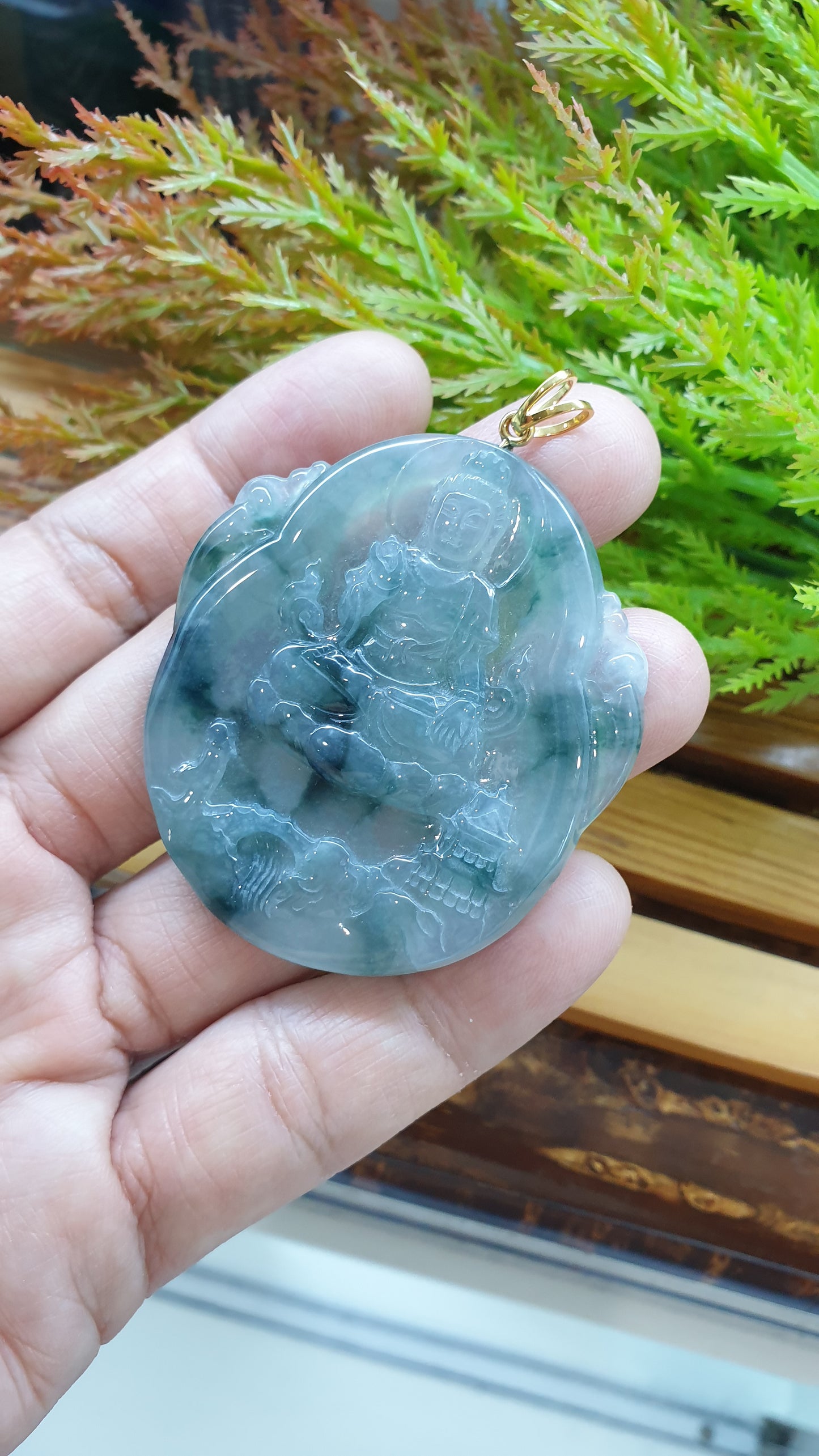 14K Solid Gold Jade Guan Yin Pendant Type A Natural Icy Blue Green Jadeite