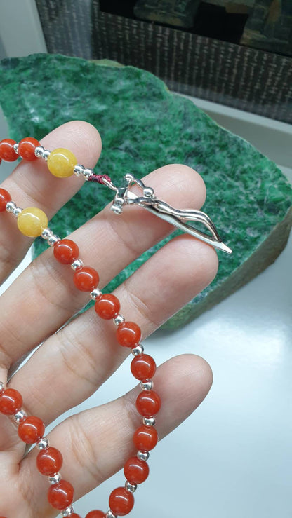 Red and Yellow Jade Rosary 24.5in Natural Myanmar Jadeite S925 Crucifix