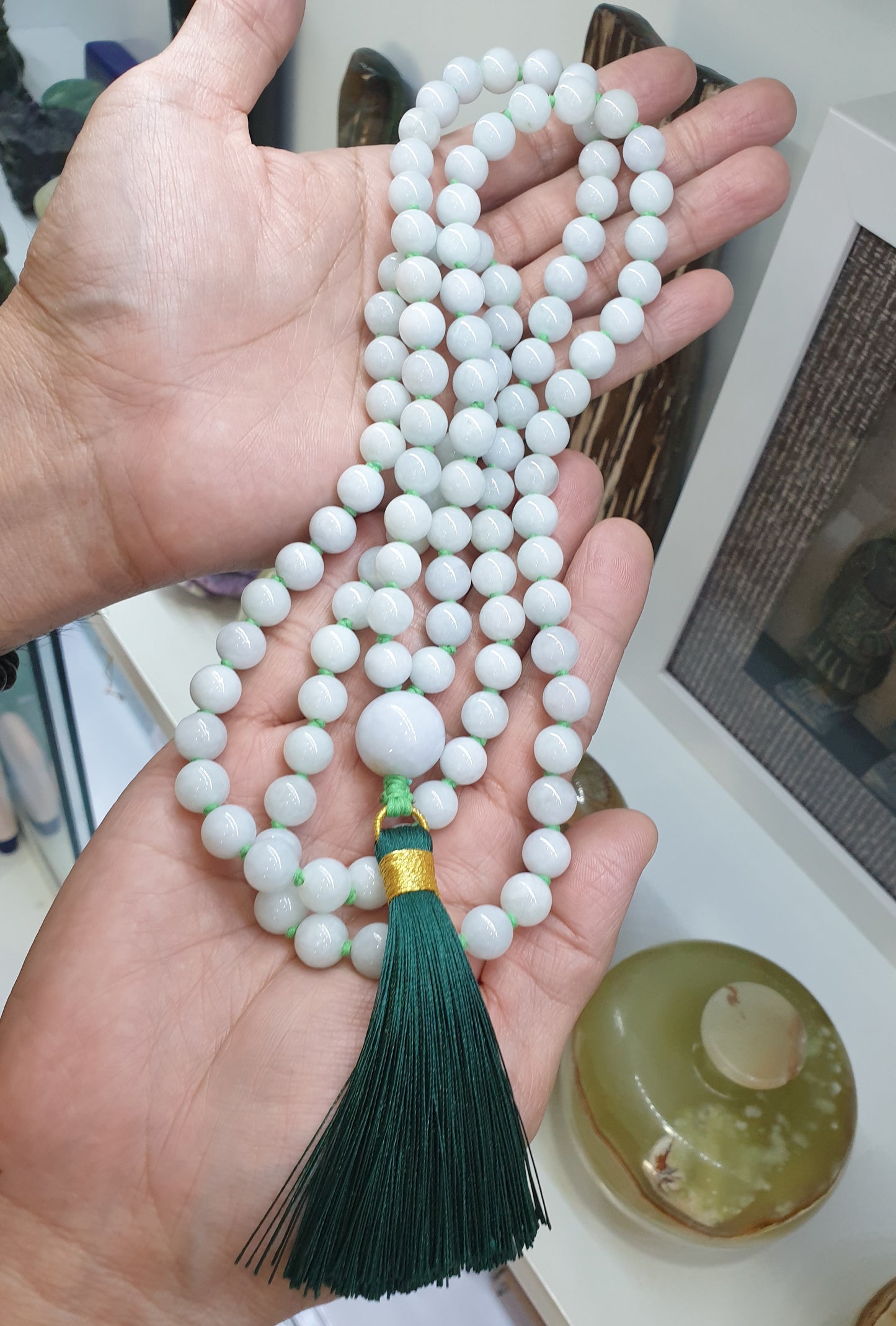 108 Beads Jade Japa Mala | White Green Jadeite Beads - Type A | Handcrafted Meditation Beads