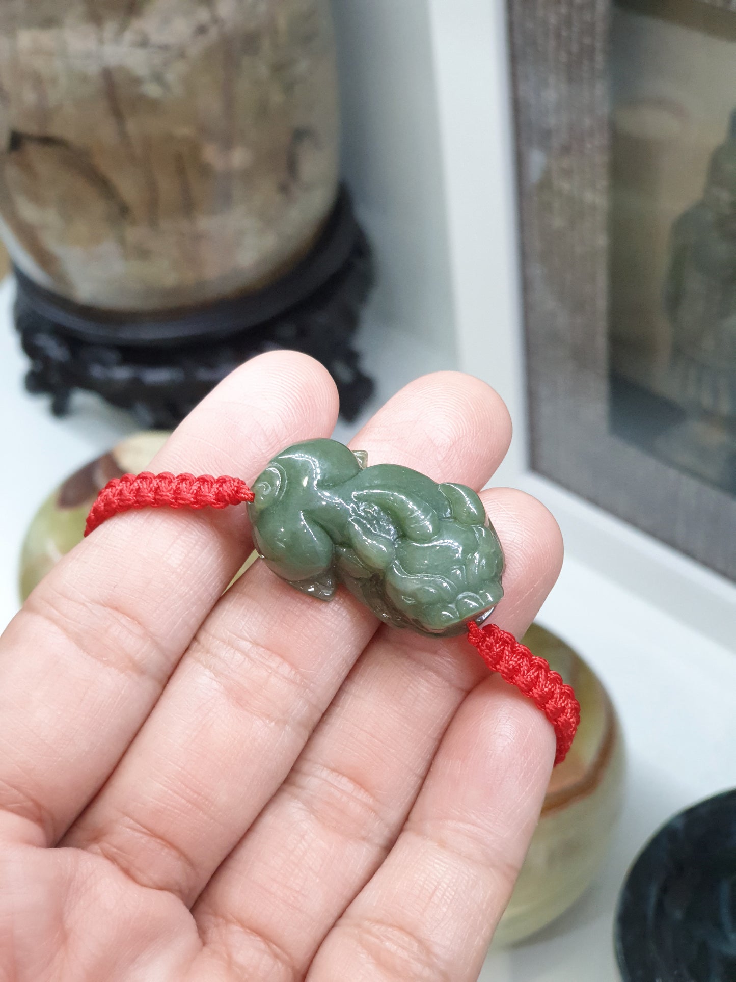 Jade Pixiu Red Thread Bracelet (Adjustable) | Pure 24K Gold Beads | Fei Cui - Natural Jadeite