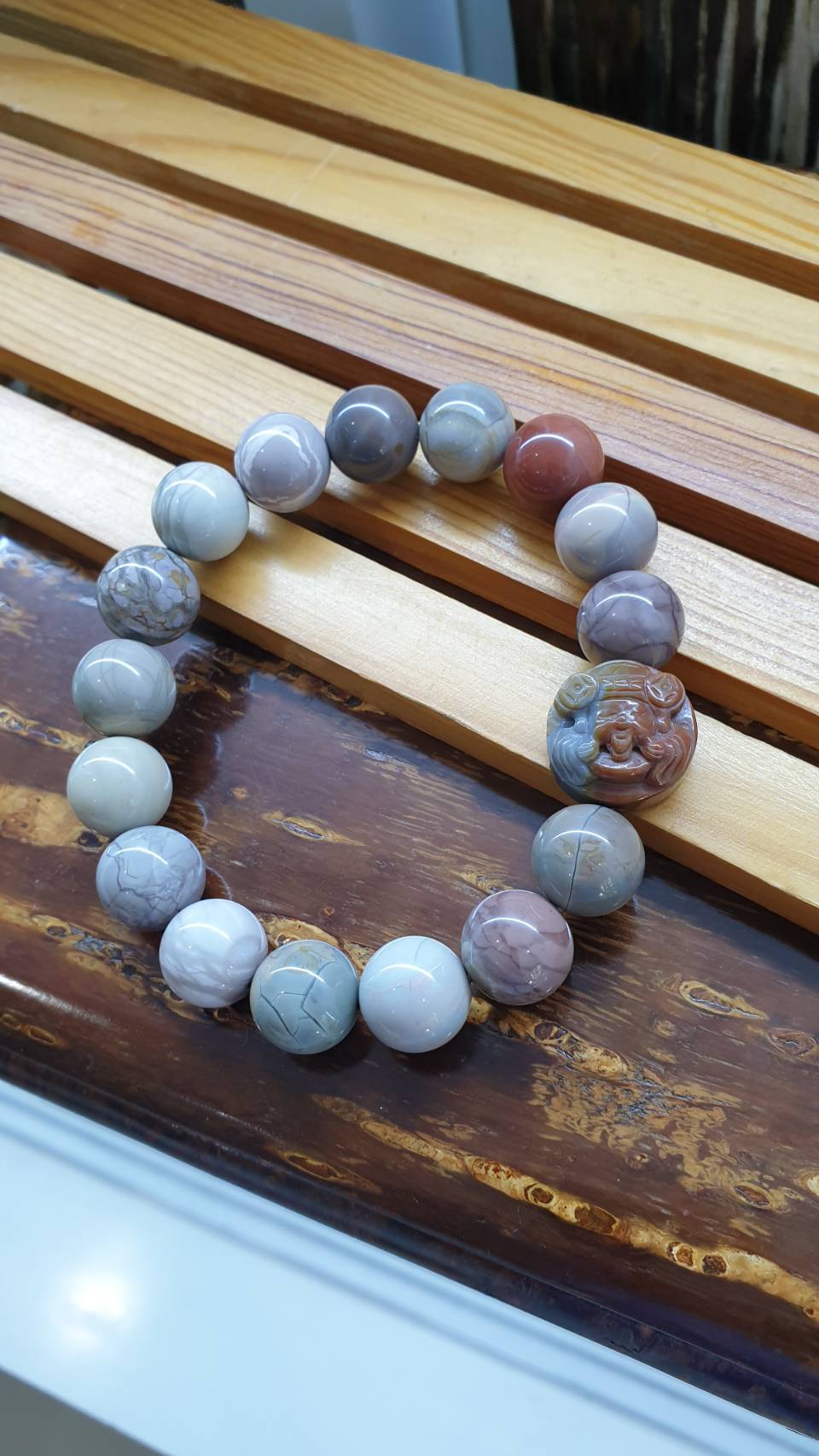 Alxa Jasper Prosperity Bracelets with Cai Shen Ye Charm 18 cm - Natural stones