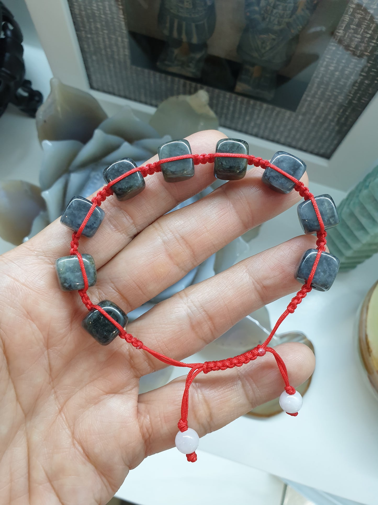 Black Jade Cubes Red Thread Bracelet (Adjustable) | Type A - Natural Jade