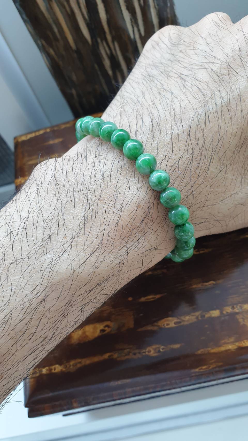 Type A Myanmar Two Tone Green Jadeite 17cm Bracelet with 7.5mm Beads