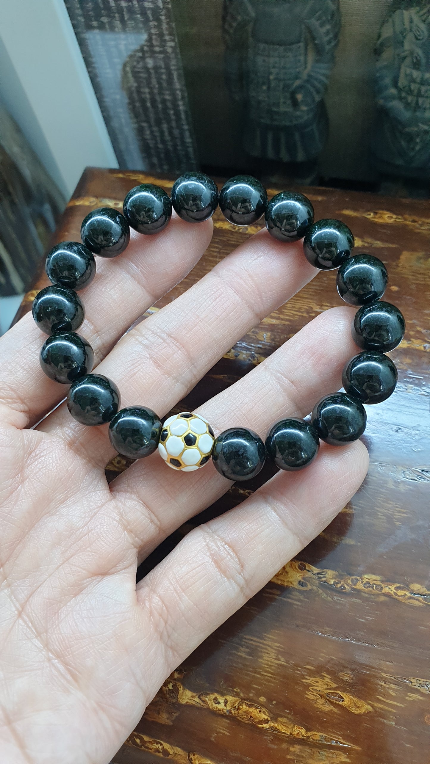 24K Gold Football on Black Jade Bracelet | Pure Gold & Fei Cui Natural Jade | Wrist Candy For Him