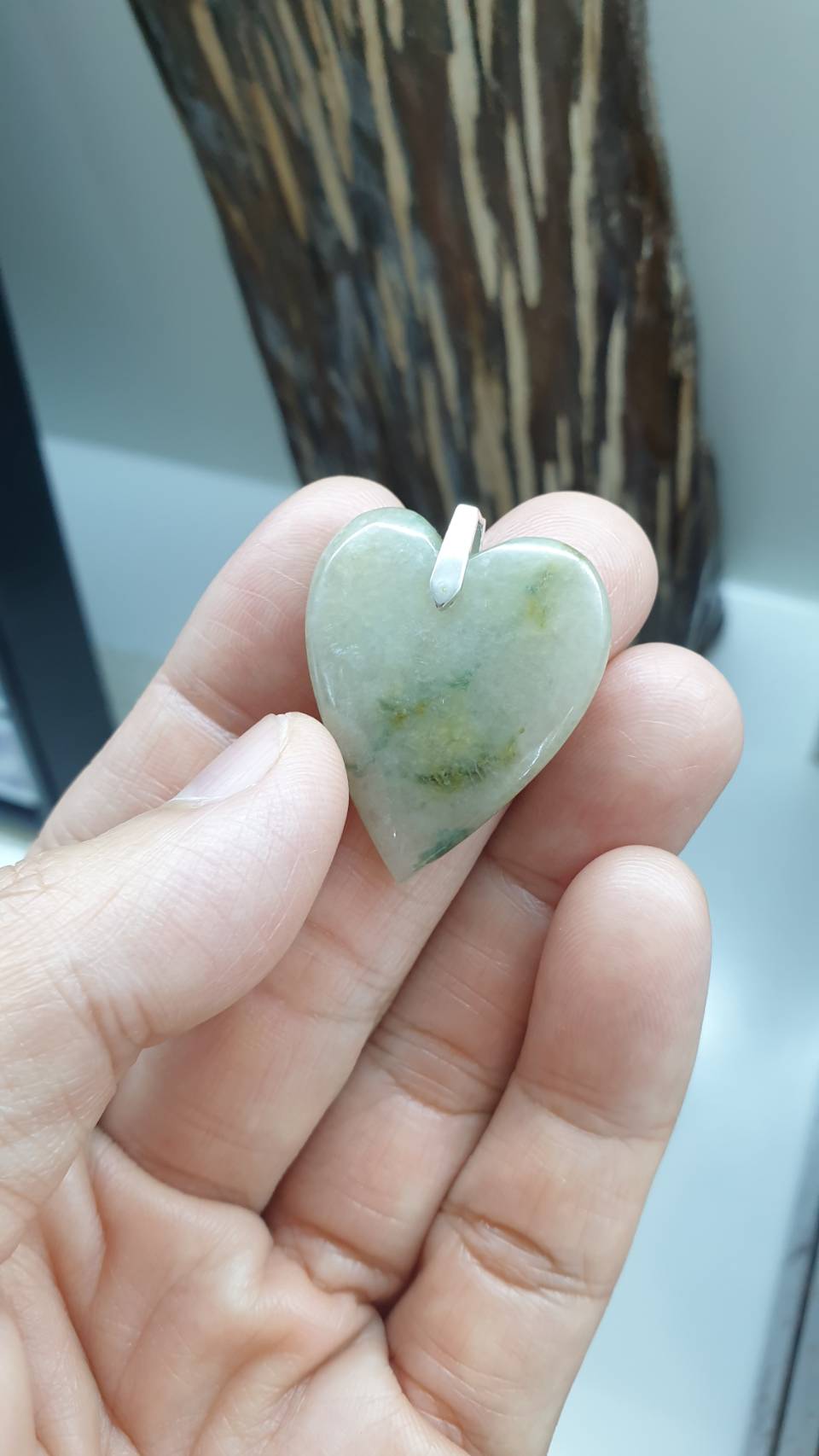 Gray Jade Heart Pendant | Fei Cui - Type A Jadeite | Sterling Silver Bail