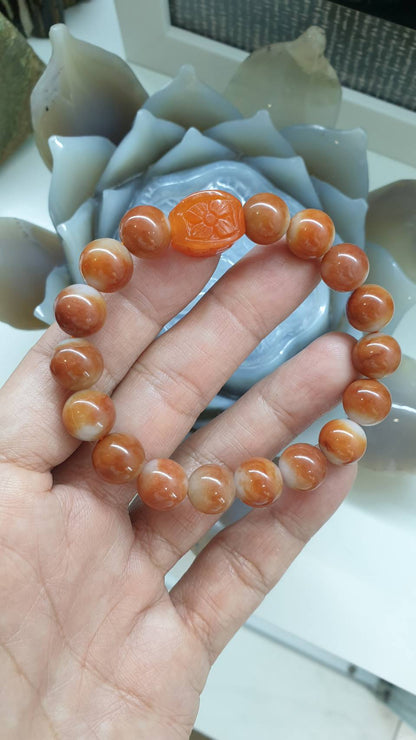 Red Jade Good Fortune Bracelet (17 cm) | 4-Leaf Clover Cylinder Charm | Type A Natural Jadeite