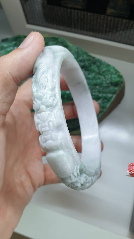 Plus Size Jade Dragon Vintage Bangle S78 Natural White Type A Myanmar Jadeite