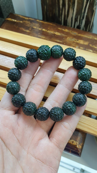 Ru Yi on Bodhi Beads Bracelet 18cm Black Green Fei Cui Myanmar Jadeite