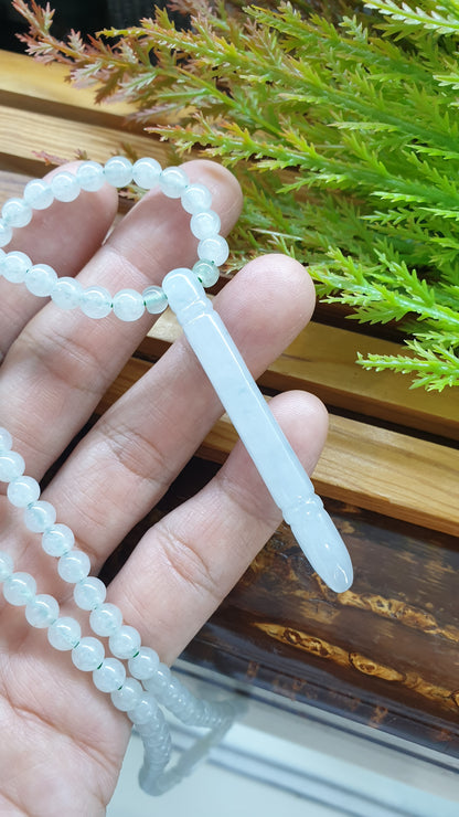 White Jade Ru Yi Bang Necklace 24inch Type A Myanmar Jadeite Natural Icy Beads