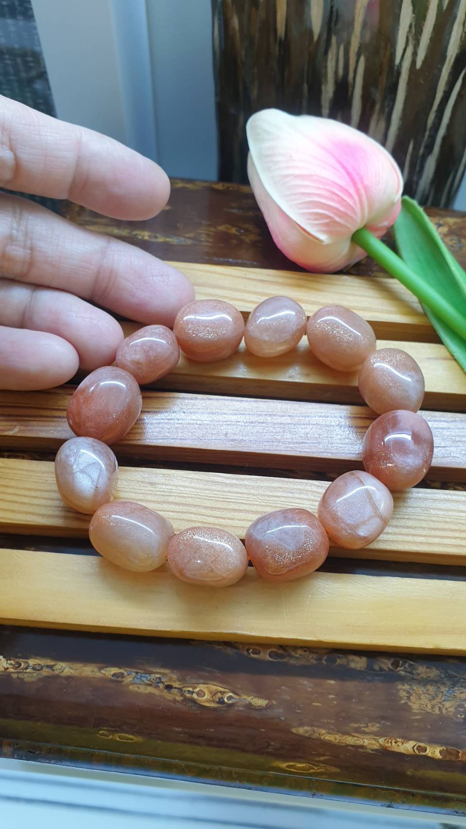 Sunstone Pebbles Bracelet 17cm, Natural Sparkling Orange Gemstone Beads