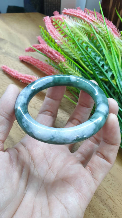 Jade Cylindrical Bangle S55.8 Fei Cui Green Type A Myanmar Jadeite Two Tone