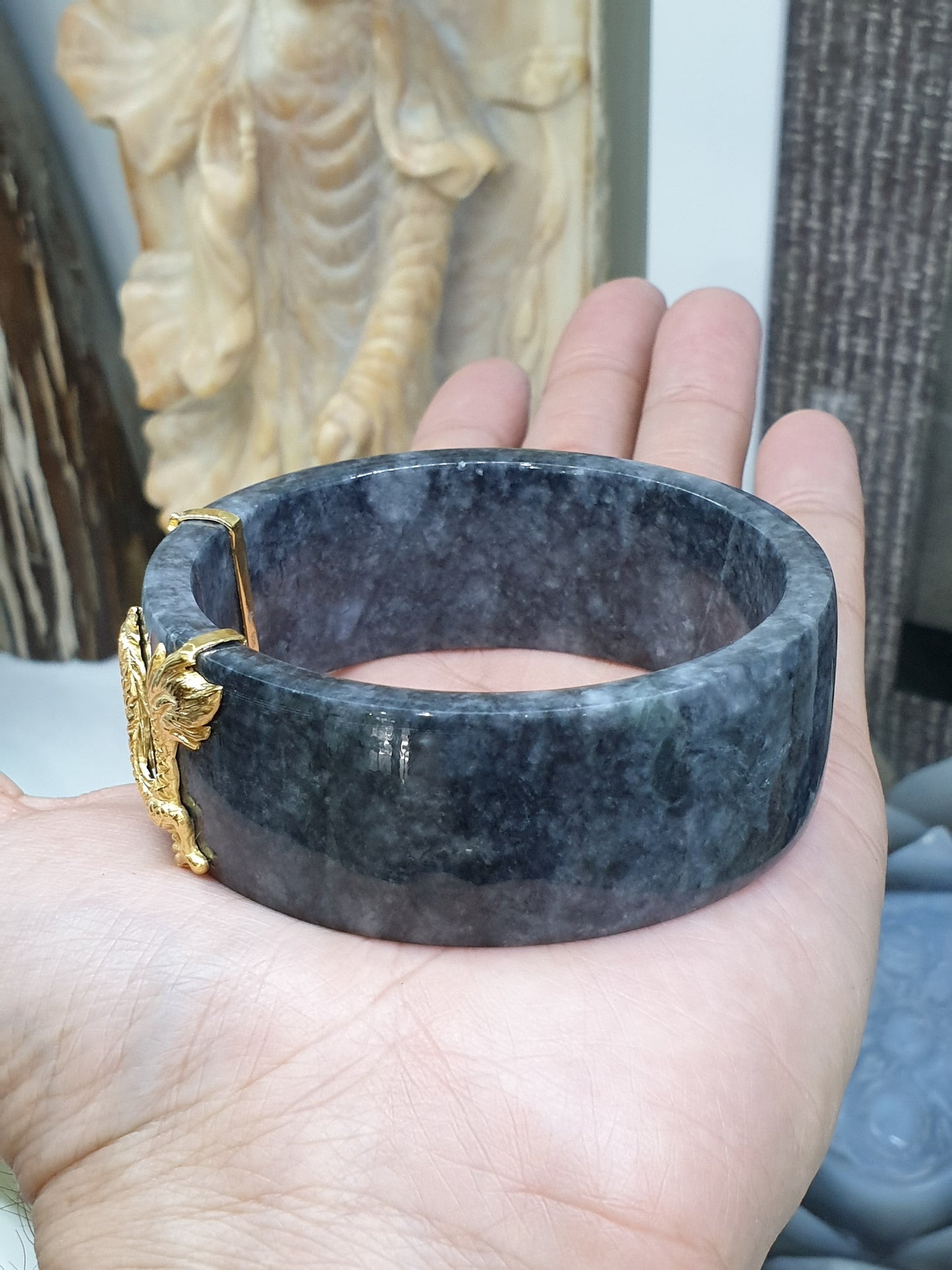 Fortune Dragon on Black Jade Bangle (S 63) | Sterling Silver | Type A Natural Jadeite | Statement Wrist Accessory