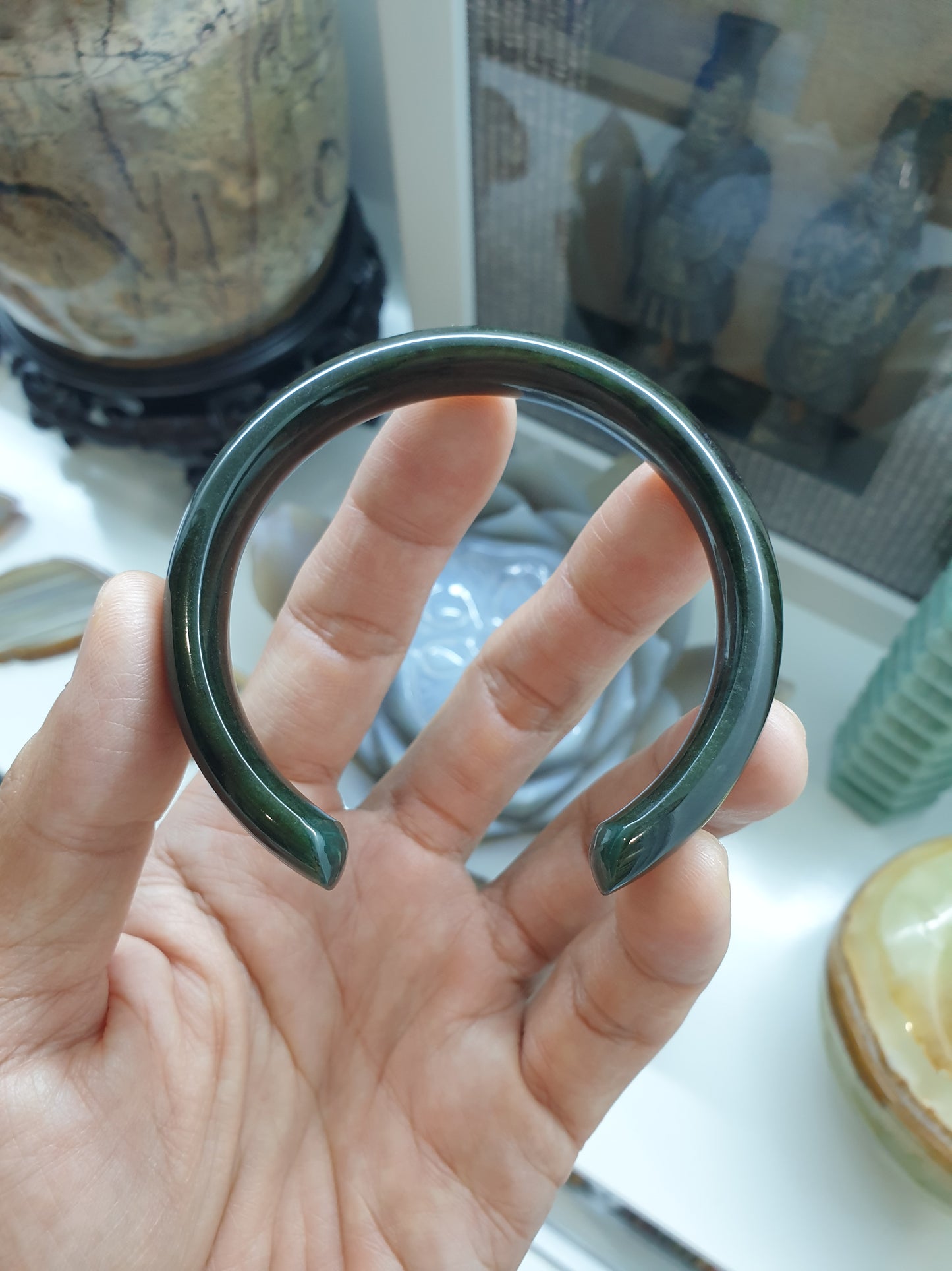 Jade Cuff Bangle Size 58 - 59 Type A - Natural Black-Green Jadeite